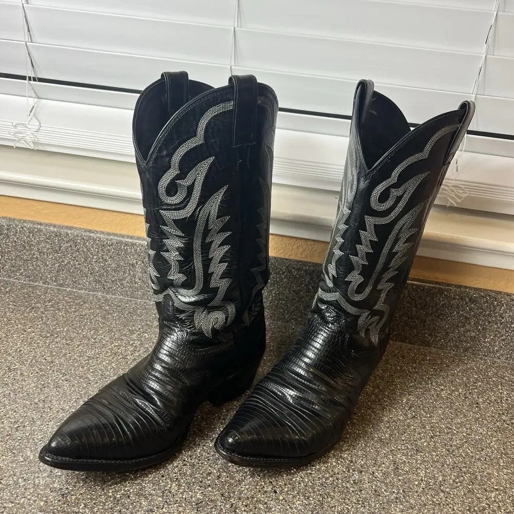 Justin 8311 Vintage Black Lizard Skin Western Cowboy Boots Men's Size 9.5 D USA